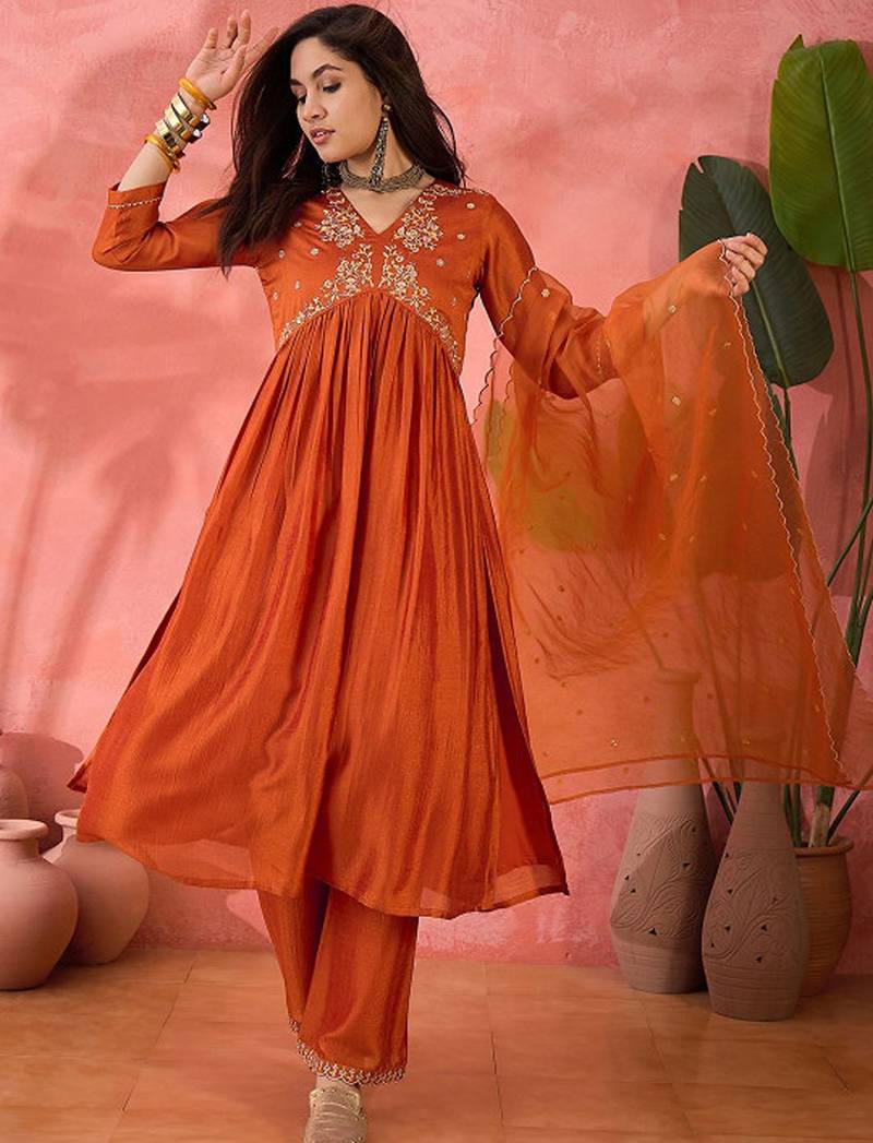 Orange floral embroidered v-neck a-line kurta with trousers and dupatta