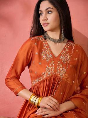 Orange floral embroidered v-neck a-line kurta with trousers and dupatta 2