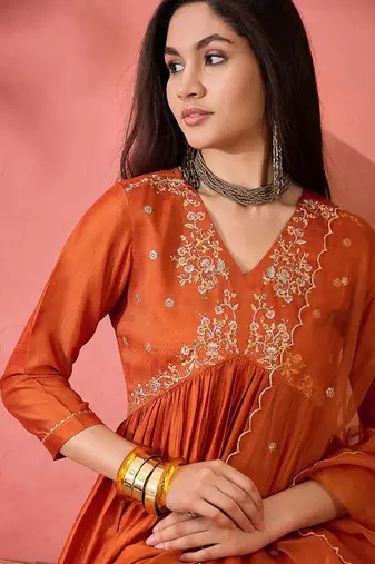 Orange floral embroidered v-neck a-line kurta with trousers and dupatta