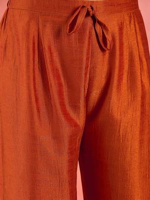 Orange floral embroidered v-neck a-line kurta with trousers and dupatta 3