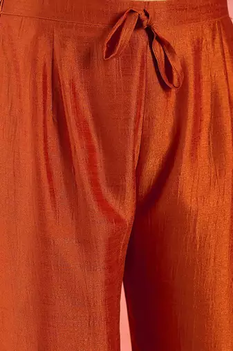 Orange floral embroidered v-neck a-line kurta with trousers and dupatta
