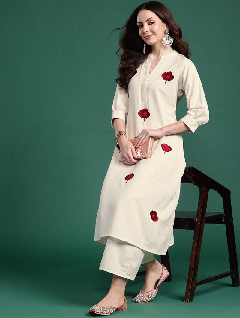 Floral embroidered thread work pure cotton republic day kurta with palazzos