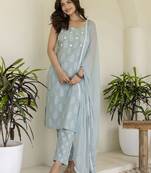 Floral printed cotton kurta with trousers & dupatta
