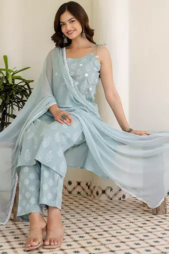 Floral printed cotton kurta with trousers & dupatta