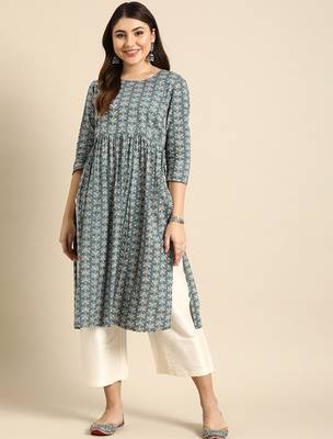Floral printed high slit pure cotton kurta 1
