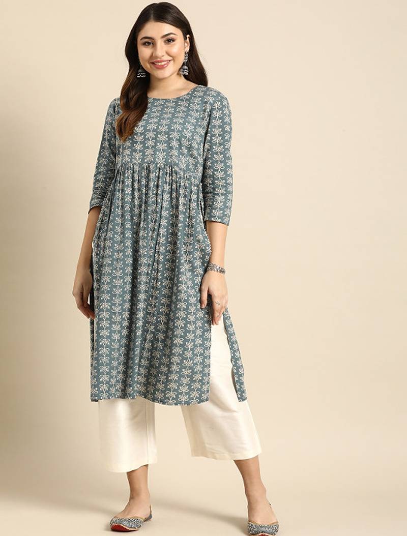 Floral printed high slit pure cotton kurta