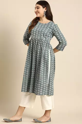 Floral printed high slit pure cotton kurta
