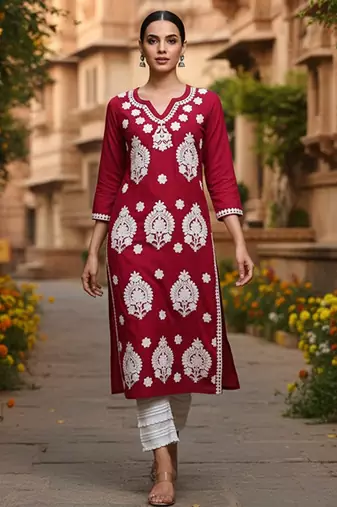 Round neck thread work straight kurta