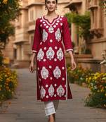 Round neck thread work straight kurta