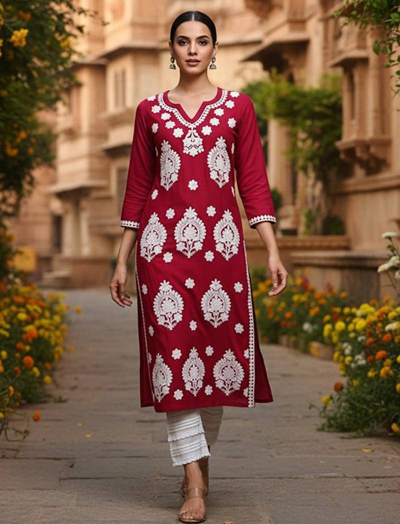 Round neck thread work straight kurta