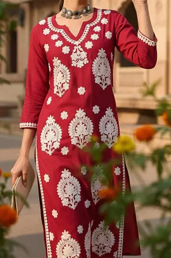 Round neck thread work straight kurta