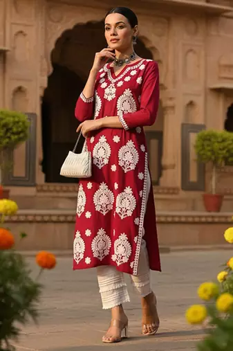 Round neck thread work straight kurta