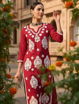 Round neck thread work straight kurta 4