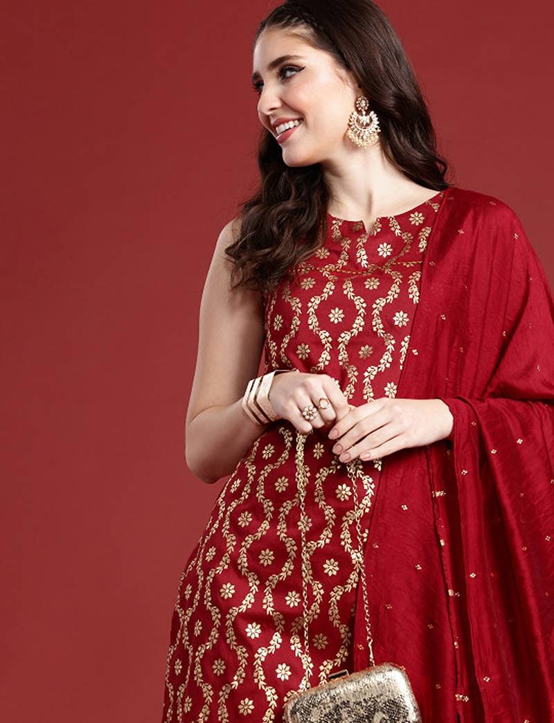 Ethnic motifs printed regular kurta with trousers & with dupatta