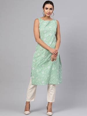 Green & white floral printed straight kurta 2
