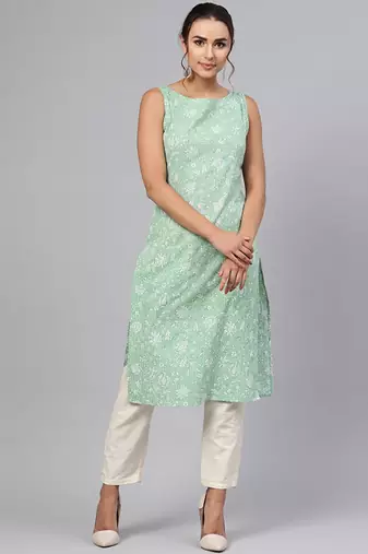 Green & white floral printed straight kurta