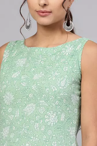 Green & white floral printed straight kurta