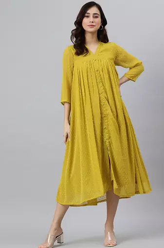 Mustard chiffon self design front slit kurta