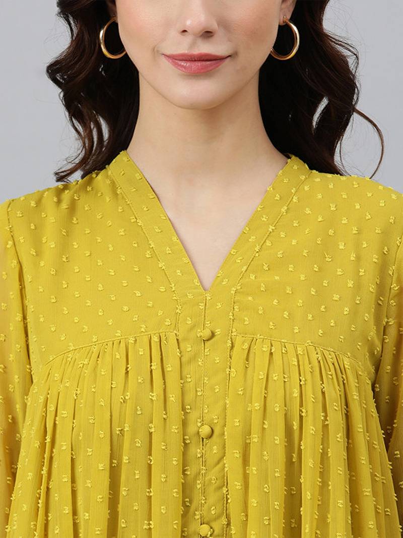 Mustard chiffon self design front slit kurta