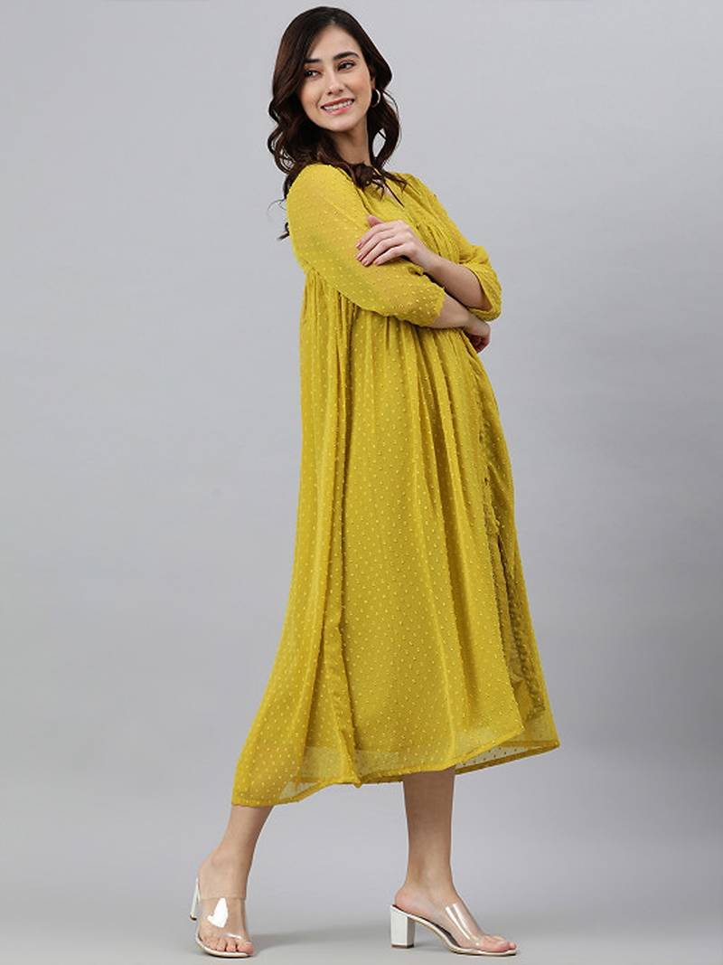 Mustard chiffon self design front slit kurta
