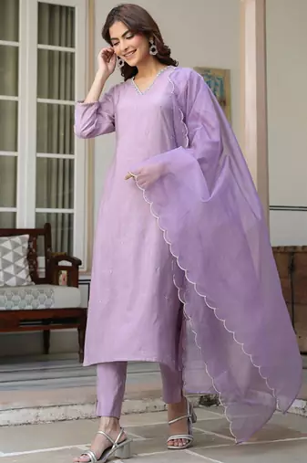Lavender chinon embellished kurta with pant and dupatta
