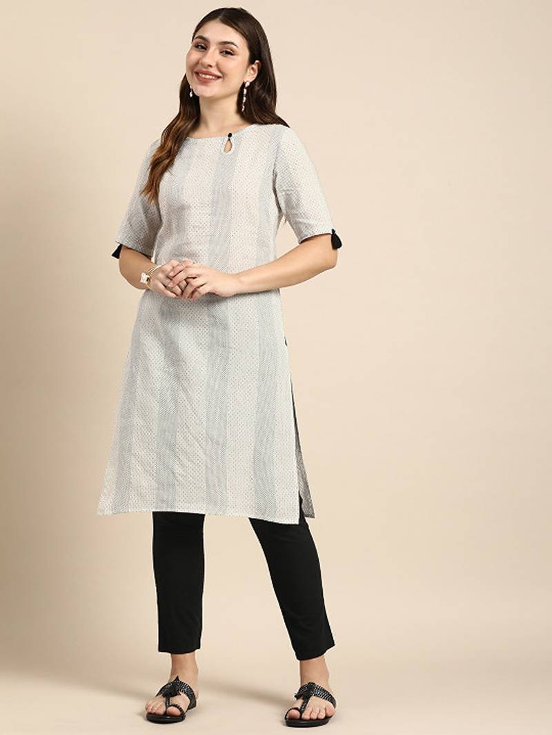 Striped keyhole neck cotton kurta