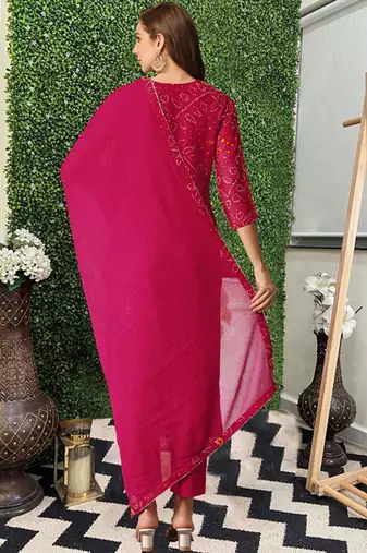 Bandhani printed sequinned straight kurta with trousers & dupatta