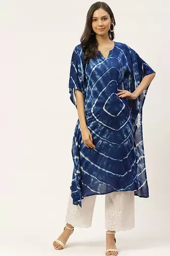 Navy blue & white hand dyed asymmetric kaftan kurta
