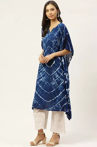 Navy blue & white hand dyed asymmetric kaftan kurta