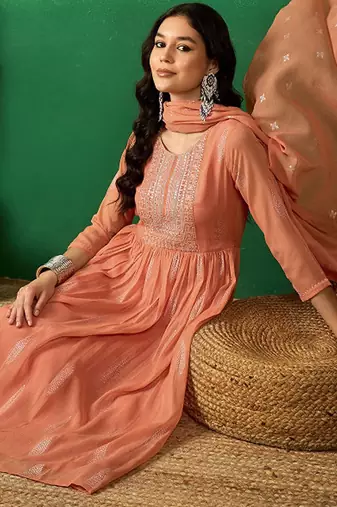 Peach floral embroidered a-line kurta with trouser & dupatta
