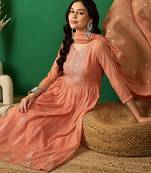 Peach floral embroidered a-line kurta with trouser & dupatta