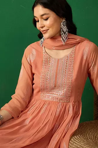 Peach floral embroidered a-line kurta with trouser & dupatta