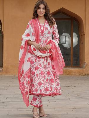 Floral printed pure cotton anarkali kurta with trousers & with dupatta 1