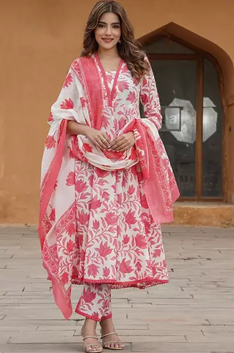 Floral printed pure cotton anarkali kurta with trousers & with dupatta