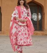 Floral printed pure cotton anarkali kurta with trousers & with dupatta