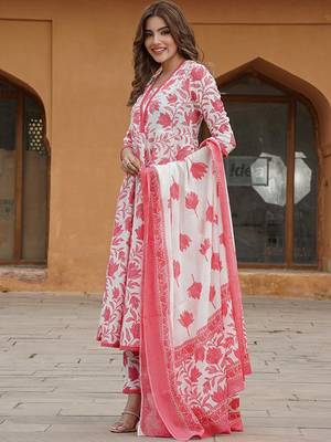 Floral printed pure cotton anarkali kurta with trousers & with dupatta 3