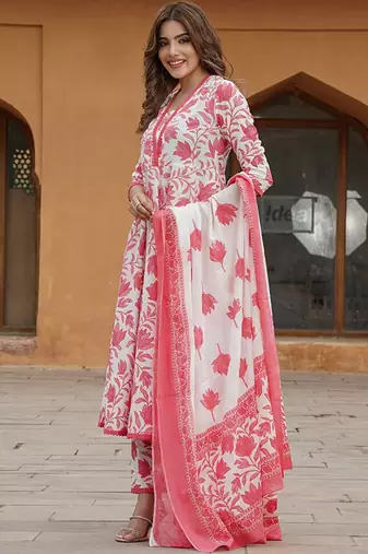 Floral printed pure cotton anarkali kurta with trousers & with dupatta