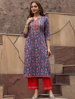 Floral printed notch neck thread work pure cotton a-line kurta 1