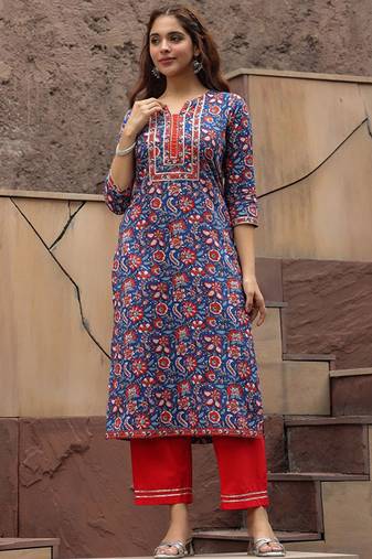 Floral printed notch neck thread work pure cotton a-line kurta