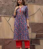 Floral printed notch neck thread work pure cotton a-line kurta