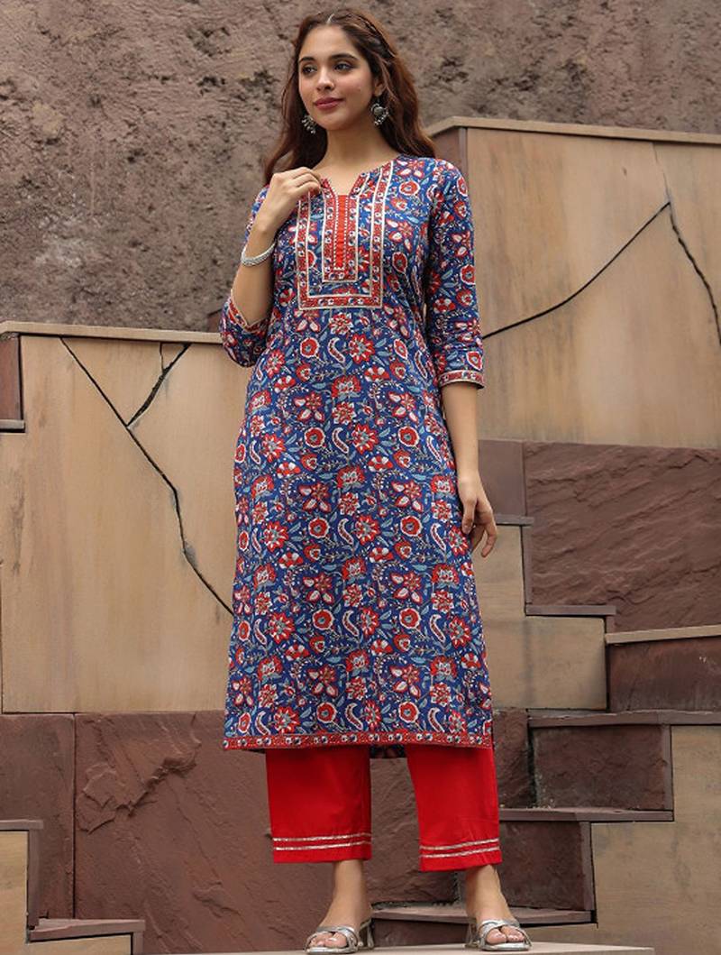 Floral printed notch neck thread work pure cotton a-line kurta