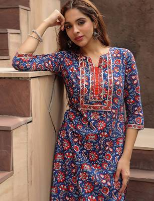 Floral printed notch neck thread work pure cotton a-line kurta 2