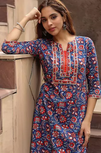 Floral printed notch neck thread work pure cotton a-line kurta