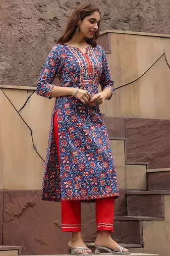 Floral printed notch neck thread work pure cotton a-line kurta