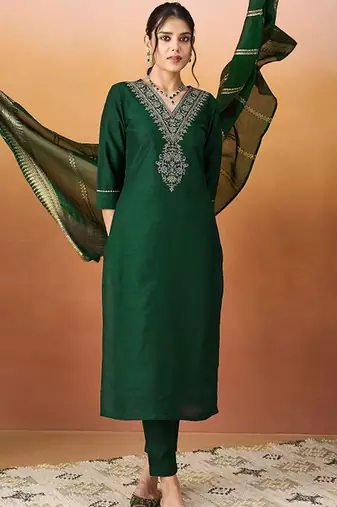 Ethnic motifs embroidered v-neck straight kurta with trousers & dupatta