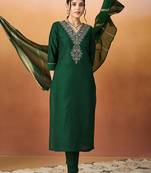 Ethnic motifs embroidered v-neck straight kurta with trousers & dupatta