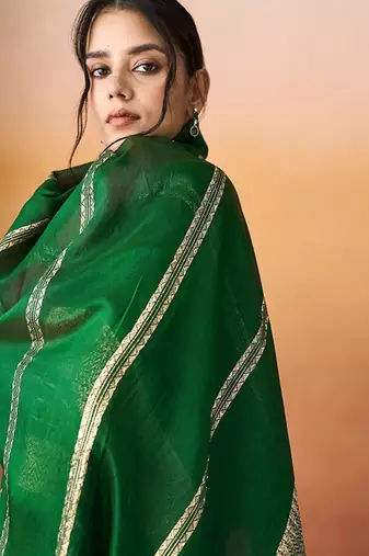 Ethnic motifs embroidered v-neck straight kurta with trousers & dupatta