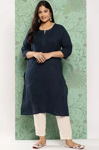 Plus size floral embroidered chikankari indigo pure cotton kurta