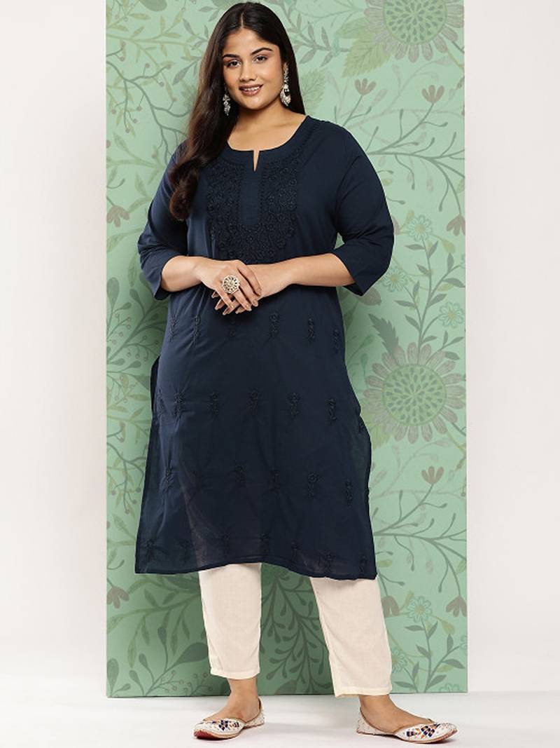 Plus size floral embroidered chikankari indigo pure cotton kurta