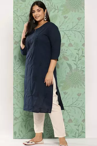 Plus size floral embroidered chikankari indigo pure cotton kurta